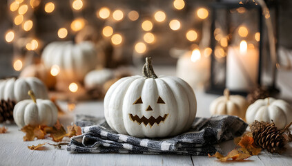 Still life of white pumpkins, pine cones, and autumn leaves with fairy lights in the background