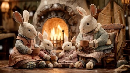 Four fluffy rabbits gather by a warm fireplace, holding cups and wearing cozy attire