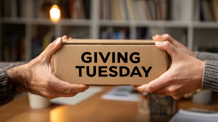 Hands holding a giving tuesday box in front of a blurred background with shelves and a lightbulb