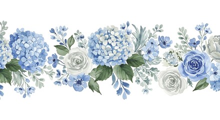 Watercolor floral border blue hydrangeas and white roses on white background