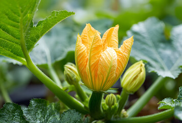 A close up of a yellow squash blossom surrounded by green leaves and unopened flower buds in garden
