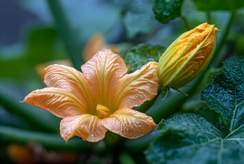 A close up of a yellow squash blossom with a bud and green leaves in soft focus background view