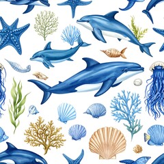 Fototapeta premium Seamless pattern of marine life. Oceanic creatures