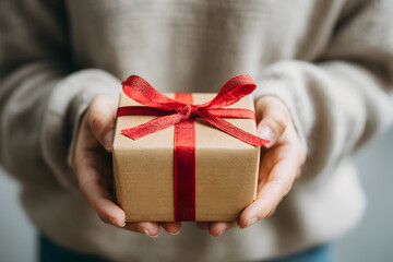 Person holding a wrapped gift box with red ribbon and bow in their hands offering the present forward