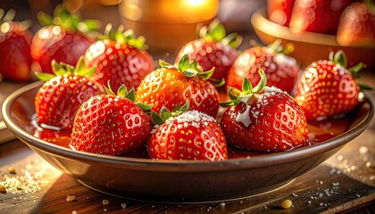 Close Up of Fresh Red Strawberries on Brown Plate with Sunlight