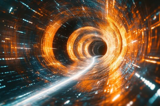 Abstract visualization of a bright fiery wormhole tunnel with streaks of light representing time and space travel