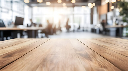 Fototapeta premium An empty wooden tabletop with a blurred bokeh office background, perfect for product display or montage.