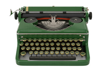 Isolated vintage olive green typewriter, a classic office tool for crafting letters and stories