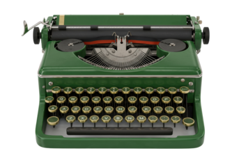 Isolated vintage olive green typewriter, a classic office tool for crafting letters and stories