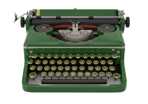 Isolated vintage olive green typewriter, a classic office tool for crafting letters and stories