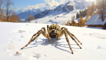 A Macro Shot of a Spider on Snowy Ground with a Scenic Mountain Background