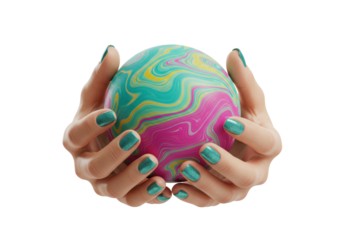 Isolated magical orb held by two hands with glittery turquoise nails, conceptual shot
