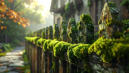 A mossy wooden fence in a sunlit garden creating a rustic idyllic scene