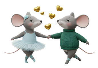 Isolated Two anthropomorphic mice dressed in costumes are holding hands lovingly