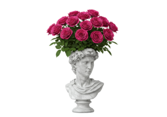 Isolated stone bust of a man with vibrant rose flower arrangement, creative portrait