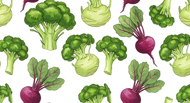 Watercolor illustration of fresh broccoli kohlrabi and beet vegetables on white background - Powered by Adobe
