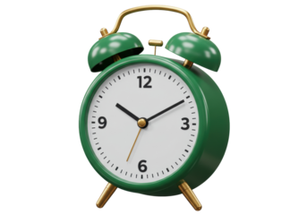 Isolated green retro twin bell alarm clock telling the time at 10 17, no distractions