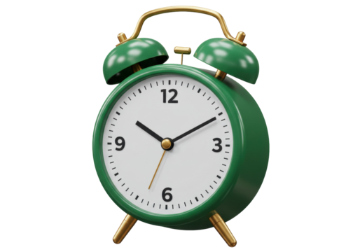 Isolated green retro twin bell alarm clock telling the time at 10 17, no distractions - Powered by Adobe
