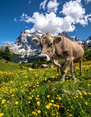 A brown cow stands in a field of wildflowers with mountain backdrop © Pipitcs32