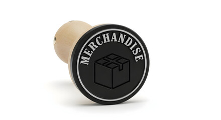 A rubber stamp is shown, with the word "Merchandise" written around the border. The stamp's graphic displays a stylized box or parcel with a cross symbol on top.

