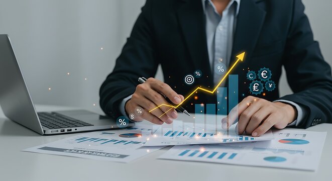 Business professional analyzing financial reports with a glowing, futuristic, augmented reality growth chart and upward trending arrow - Powered by Adobe