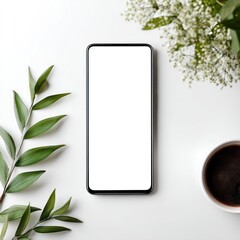 Smartphone mockup with leaves and coffee cup