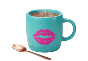 Isolated blue mug with pink lips and hot chocolate or coffee ready to be enjoyed