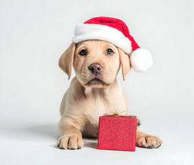 A cute labrador puppy wearing a santa hat lying down next to a small red christmas gift box on white