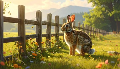 Obraz premium A serene depiction of a rabbit in a field next to a wooden fence
