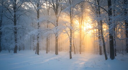 Winter forest scene with snow covered trees and bright sunlight streaming through