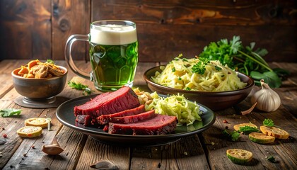 A Rustic Feast with Green Beer, Corned Beef, and Cabbage on Wooden Table