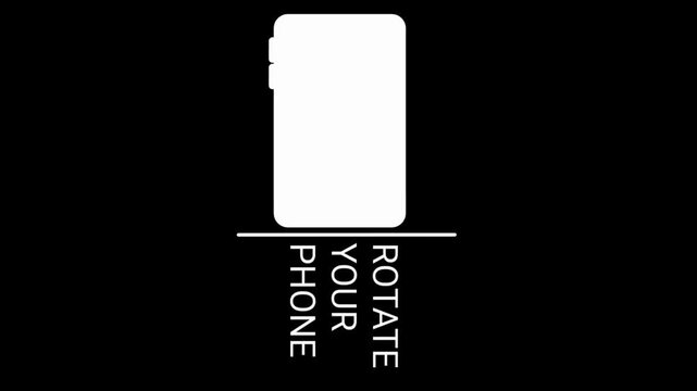 Minimalist rotate phone notification with text "please rotate your phone". Simple black background with white phone outline, ideal for app, UI, or video instructions