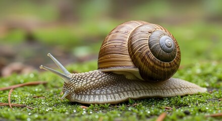 Close-up of a garden snail with a patterned shell slowly crawling on wet moss