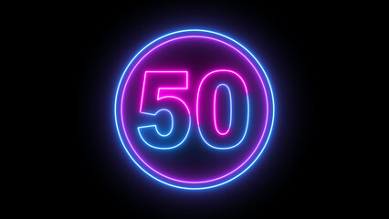 Obraz premium Bright neon number 50 glowing in vibrant pink and blue within a modern circular frame on a dark background, perfect for anniversaries, milestones, or futuristic digital designs.