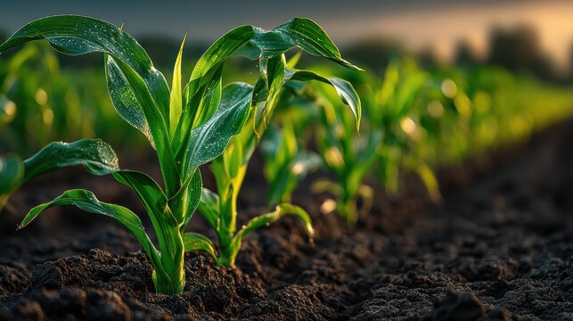 Young green corn plants growing in fertile soil of an agricultural field at sunset