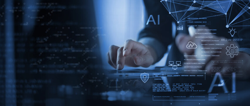 Big data analysis with AI technology. Data scientist, using machine learning and deep learning, data mining and engineering, database management and cyber security system, technology background