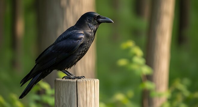 Close-up of a glossy black raven perched on a wooden post in a sunlit forest