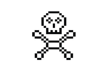 Pixelated Skull & Crossbones on White Background, Retro Game Style Icon