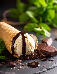 Delicious Ice Cream Cone with Chocolate Drizzle and Mint Garnish.