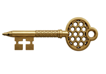 Isolated old vintage skeleton key, ornate gold color antique, golden key, close-up