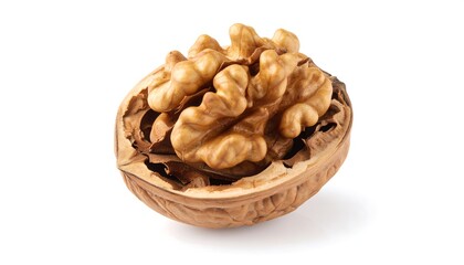 Fototapeta premium Single walnut in its shell, isolated on white
