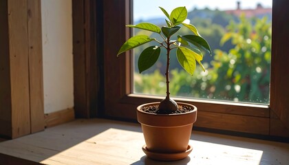 A small potted plant sitting on a wooden windowsill next to a window