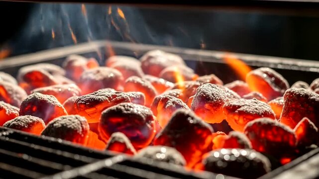 Close-up view of glowing charcoal briquettes on a barbecue grill, with flames and sparks.