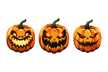 Three spooky halloween pumpkins with scary faces