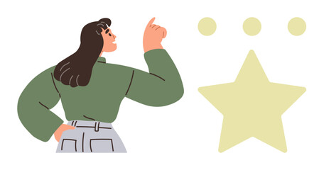 Woman pointing upward while considering a star and dots, evoking concepts of quality, rating, growth, innovation, and decision-making. Ideal for leadership, reviews, feedback aspiration