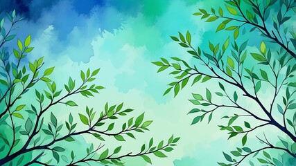 Abstract watercolor style art combination of art blue and green themed background. Tree branches textured art with sense of colors