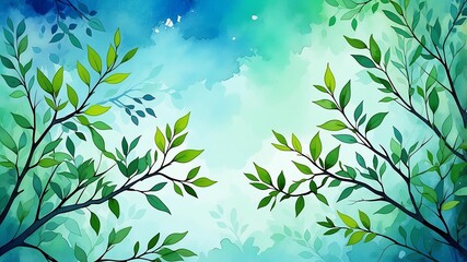 Abstract watercolor style art combination of art blue and green themed background. Tree branches textured art with sense of colors