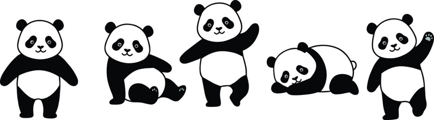 Cartoon pandas in playful poses, cute animal characters for children’s design, nursery art, educational content, and stock illustration themes