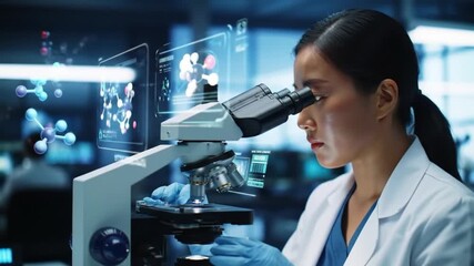 Asian Scientist Using Microscope with Molecular Graphics in Lab - Powered by Adobe