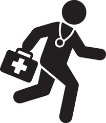 Doctor silhouette running with emergency bag symbolizing urgent medical response and care.